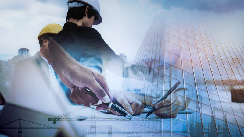 Civil Engineer Jobs, Double exposure of Project Management Team and Construction Site with tower crane background, Engineer Designer Consultant and Architecture Team concept.